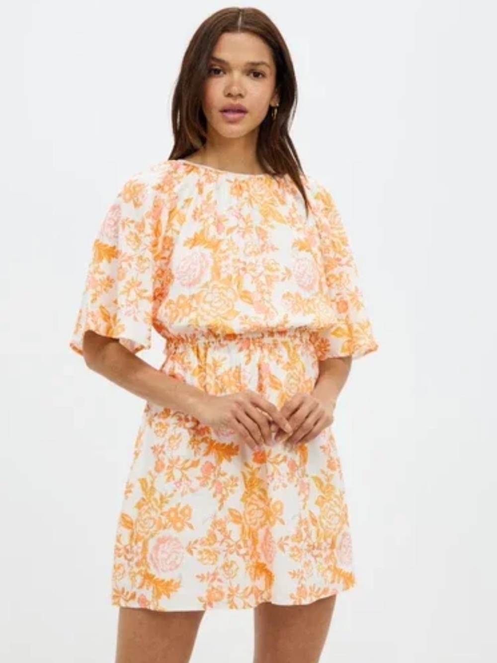 AERE‎ Floral Linen Mini Dress Peach Size 8 Cut Out Back Tropical Beachy Cocktail